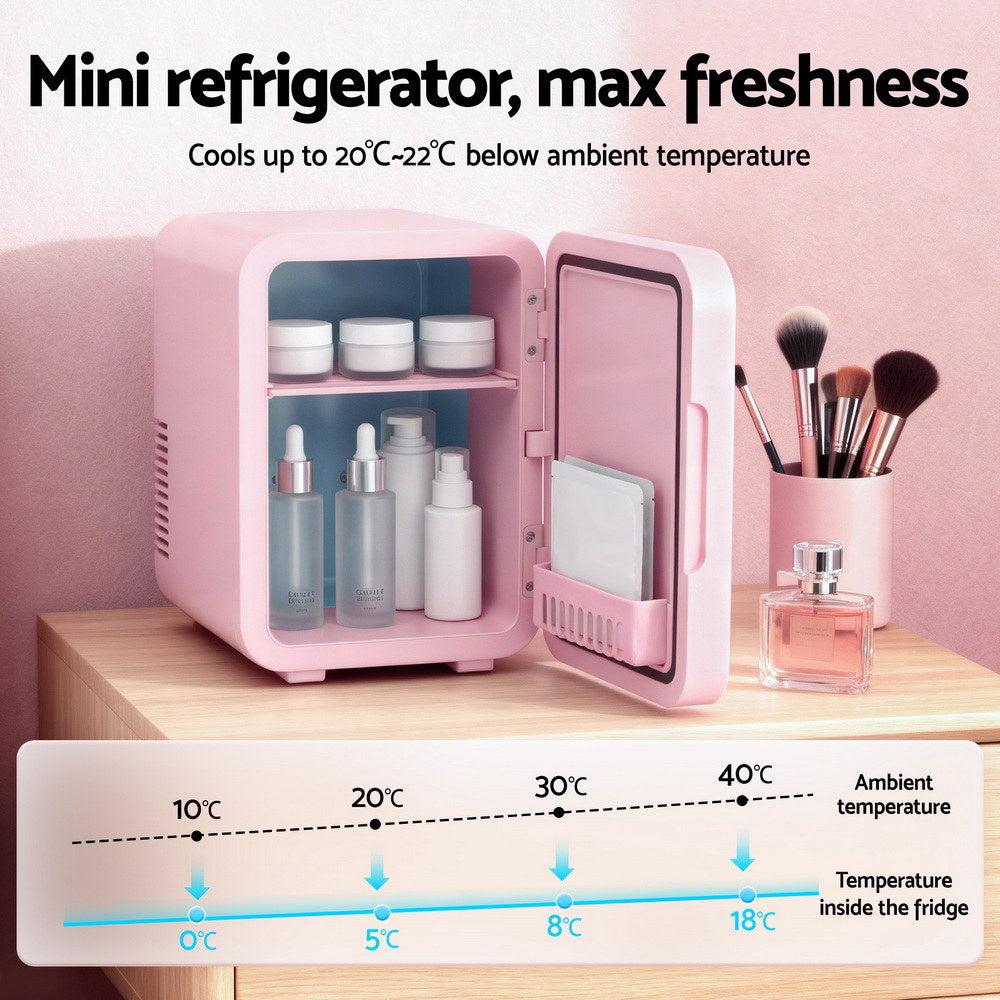 Glacio Mini Fridge Skincare Beauty Cooler Warmer LED Mirror 12V 220V Pink 4L PFN-B-4-LED-WH