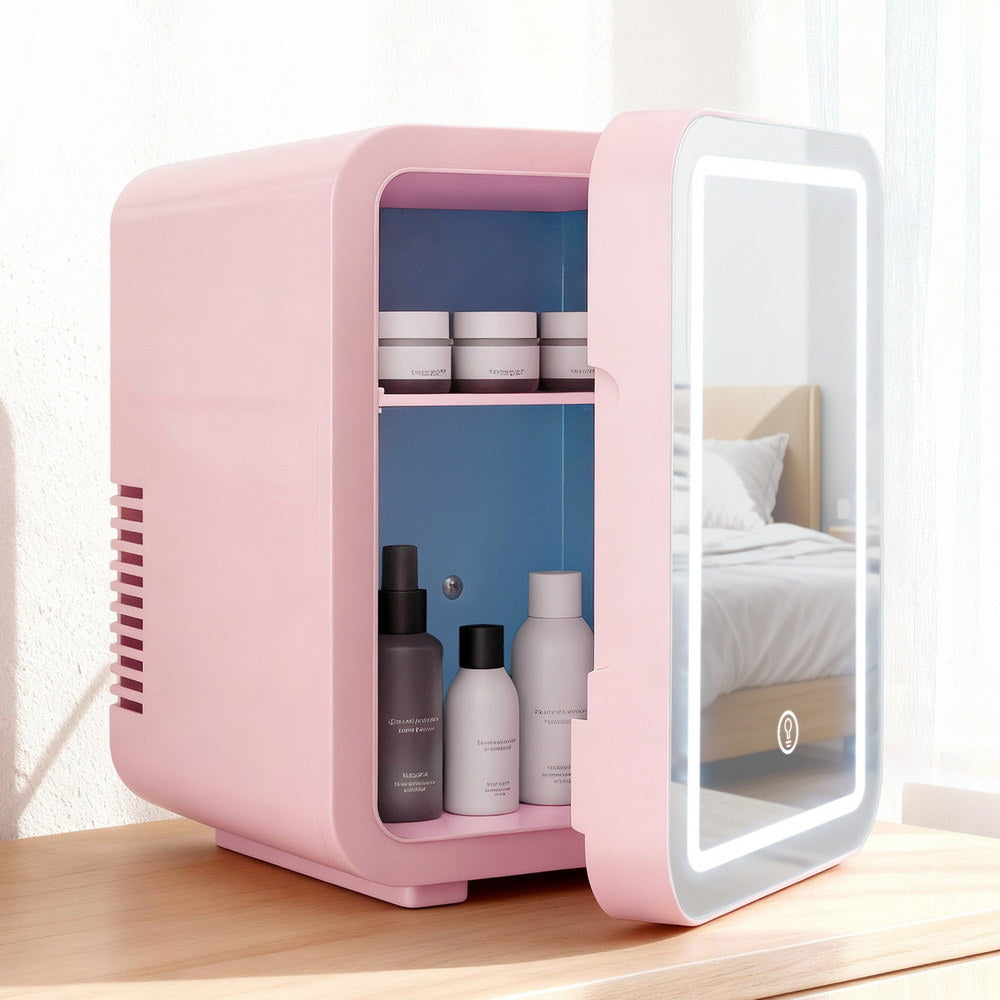 Glacio Mini Fridge Skincare Beauty Cooler Warmer LED Mirror 12V 220V Pink 4L PFN-B-4-LED-WH