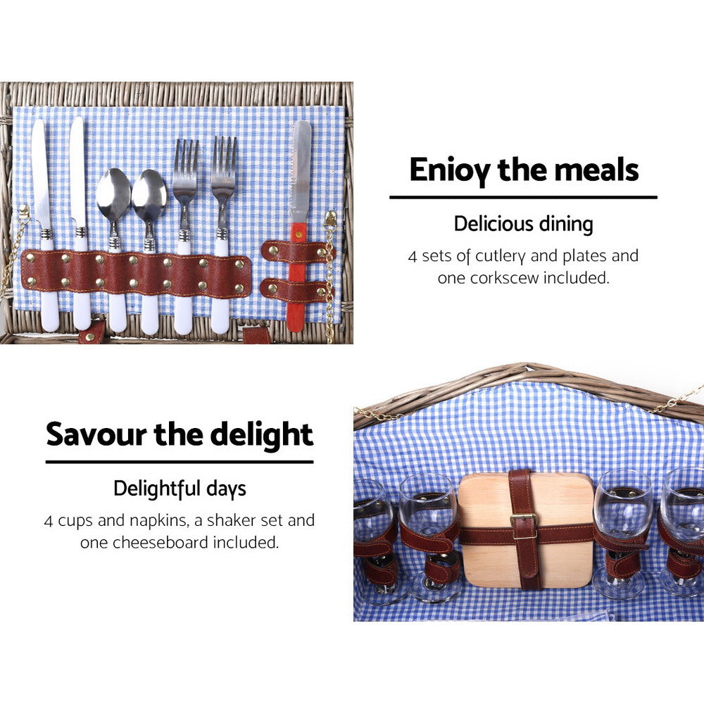Alfresco 4 Person Picnic Basket Set Baskets Insulated Blanket Bag PIC-BAS-4P-GRBU