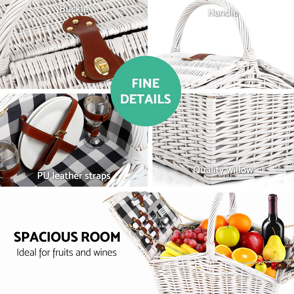 Alfresco 2 Person Picnic Basket Set Willow Vintage Baskets Insulated Blanket Bag PICNIC-2PPL-BASKET-WH