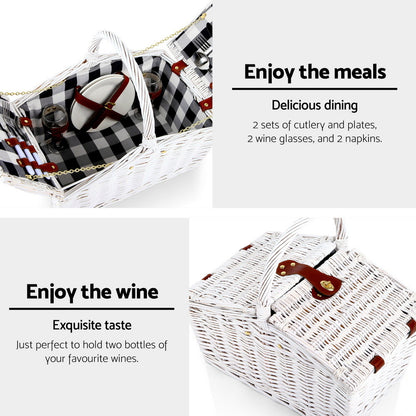 Alfresco 2 Person Picnic Basket Set Willow Vintage Baskets Insulated Blanket Bag PICNIC-2PPL-BASKET-WH