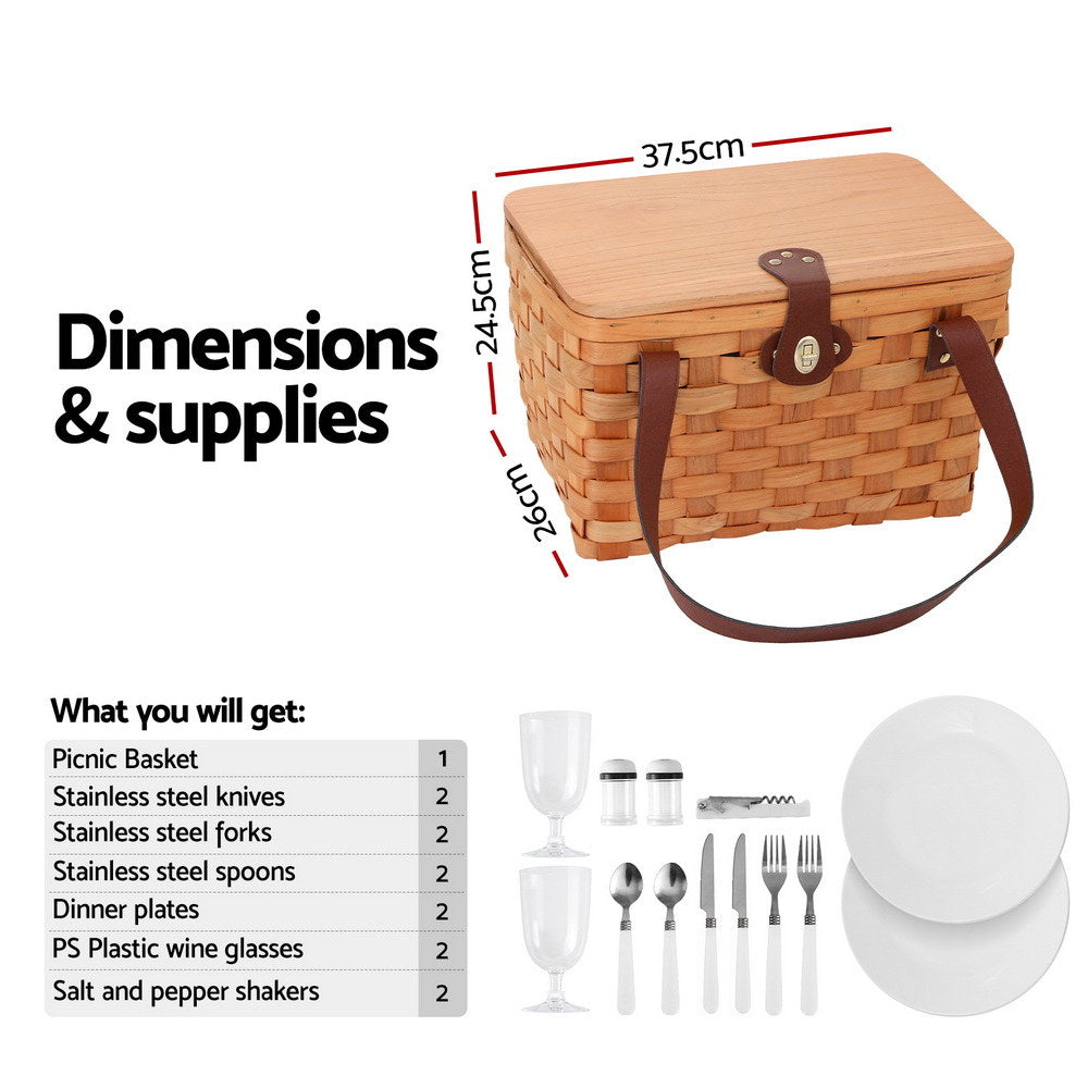 Alfresco 2 Person Picnic Basket Set Wooden Cooler Bag Plates Outdoor Insulated PICNIC-2PPL-COOLER-STRAP