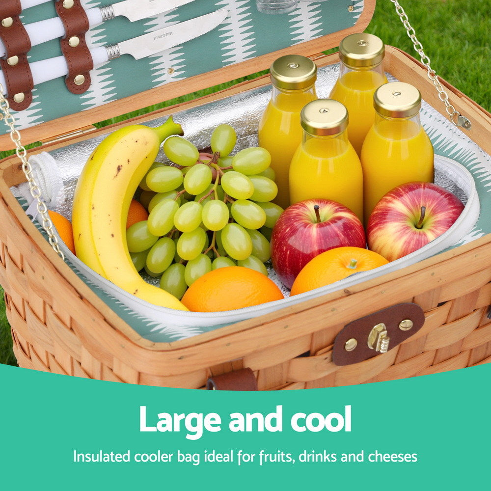Alfresco 2 Person Picnic Basket Set Wooden Cooler Bag Plates Outdoor Insulated PICNIC-2PPL-COOLER-STRAP