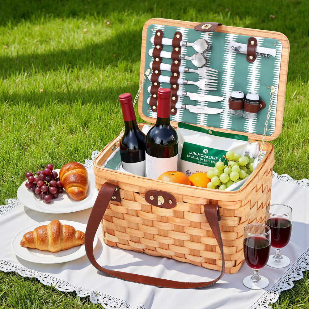 Alfresco 2 Person Picnic Basket Set Wooden Cooler Bag Plates Outdoor Insulated PICNIC-2PPL-COOLER-STRAP