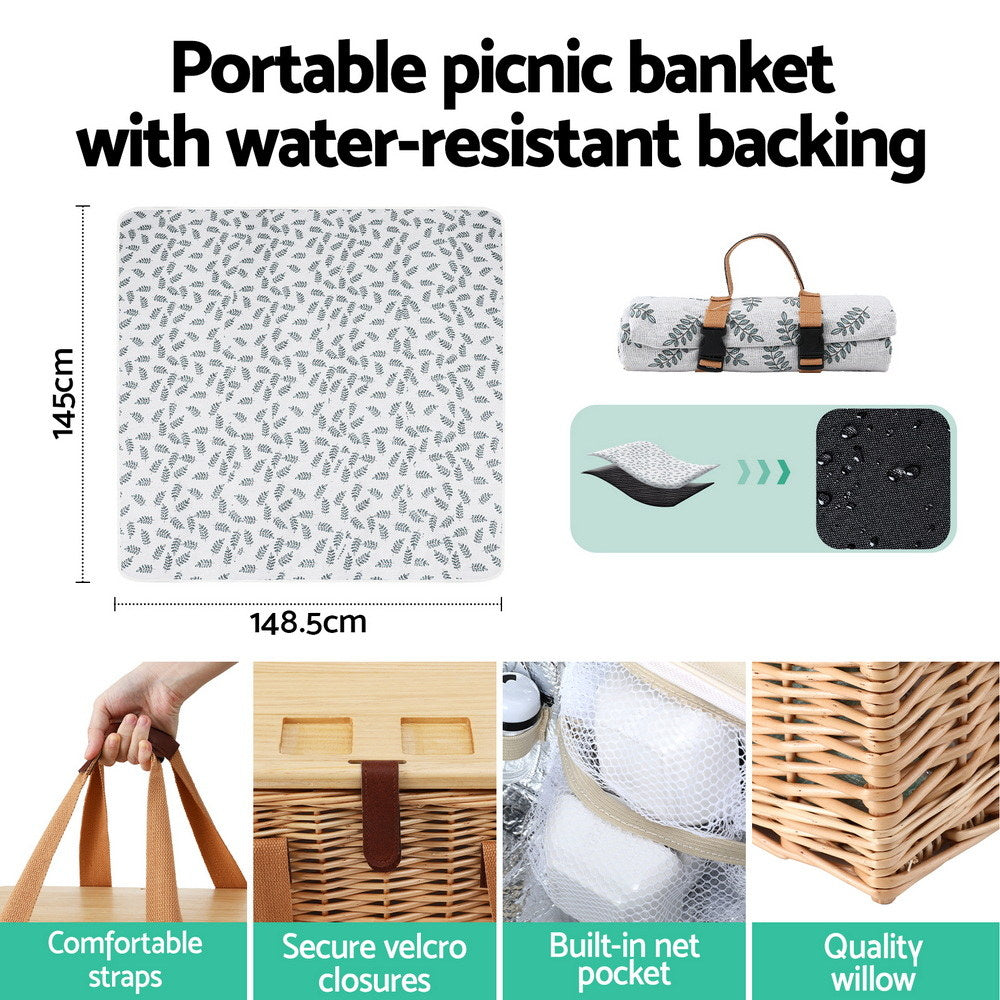 Alfresco 2 Person Picnic Basket Set with Table Blanket Cooler Wooden Insulated PICNIC-2PPL-TABLE-BG