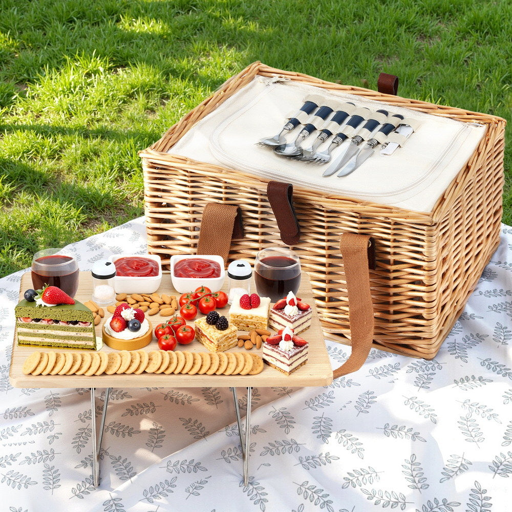 Alfresco 2 Person Picnic Basket Set with Table Blanket Cooler Wooden Insulated PICNIC-2PPL-TABLE-BG