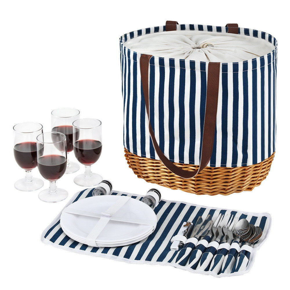 Alfresco 4 Person Picnic Basket Bag Set Wooden Blanket Cooler Outdoor Insulated PICNIC-4PPL-BAG-STRIPE
