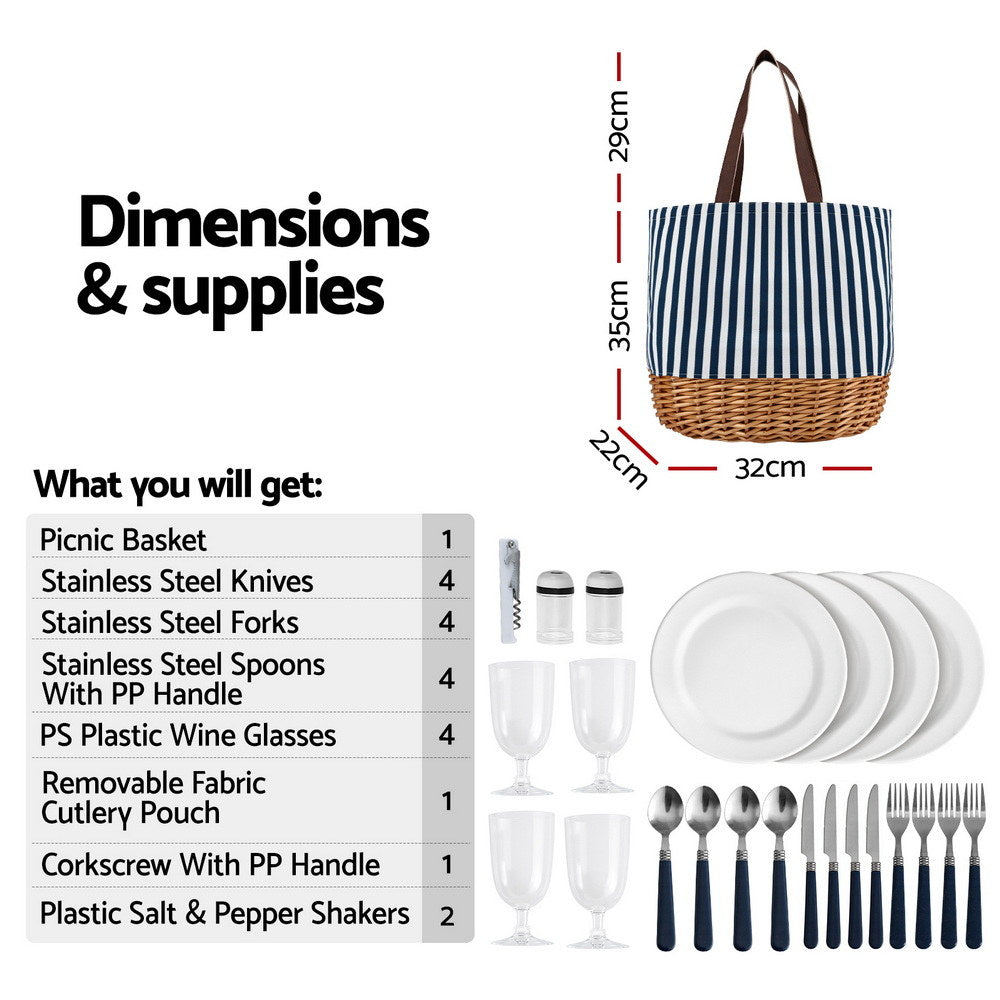 Alfresco 4 Person Picnic Basket Bag Set Wooden Blanket Cooler Outdoor Insulated PICNIC-4PPL-BAG-STRIPE