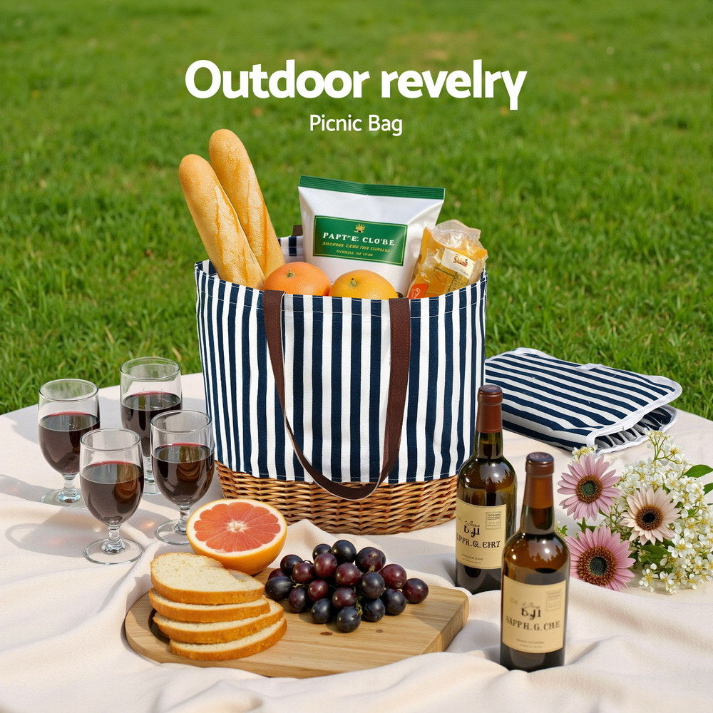 Alfresco 4 Person Picnic Basket Bag Set Wooden Blanket Cooler Outdoor Insulated PICNIC-4PPL-BAG-STRIPE
