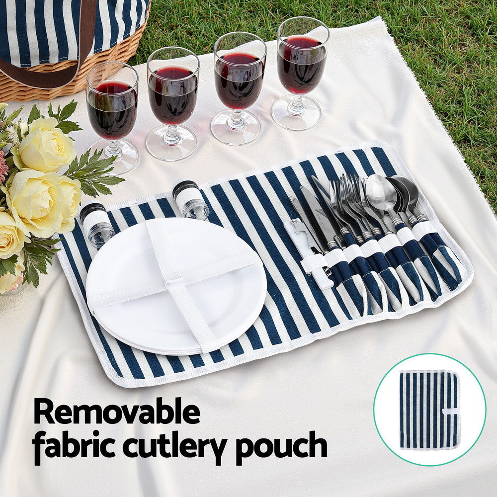 Alfresco 4 Person Picnic Basket Bag Set Wooden Blanket Cooler Outdoor Insulated PICNIC-4PPL-BAG-STRIPE