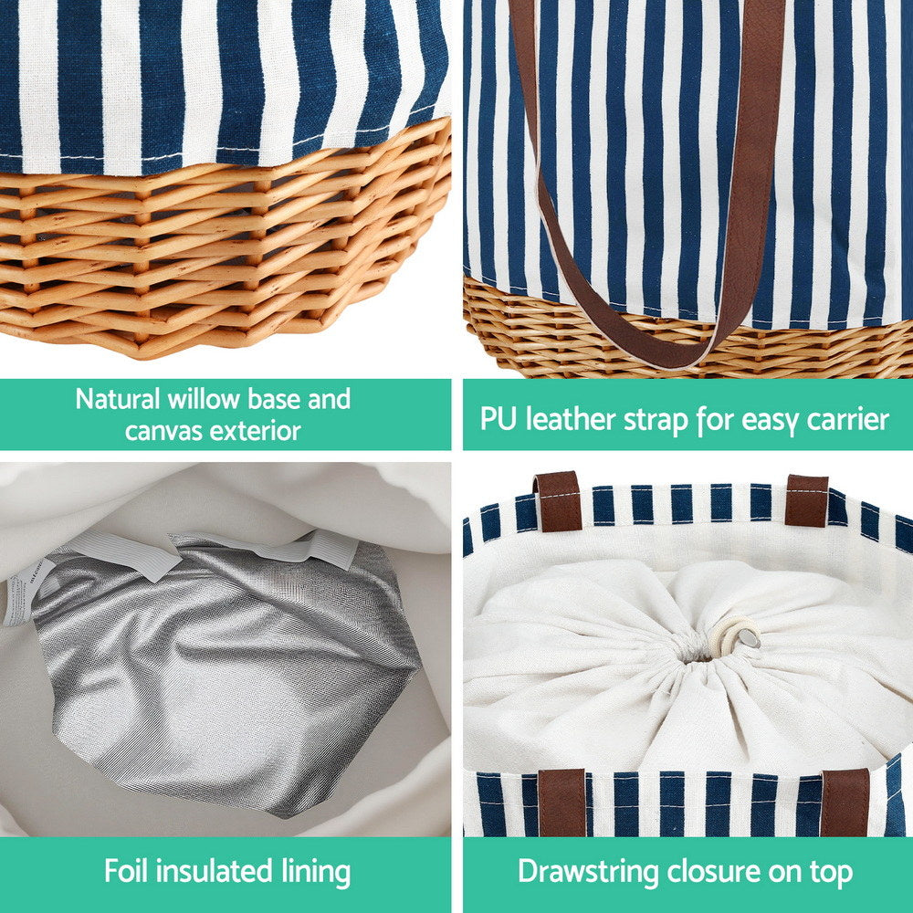 Alfresco 4 Person Picnic Basket Bag Set Wooden Blanket Cooler Outdoor Insulated PICNIC-4PPL-BAG-STRIPE