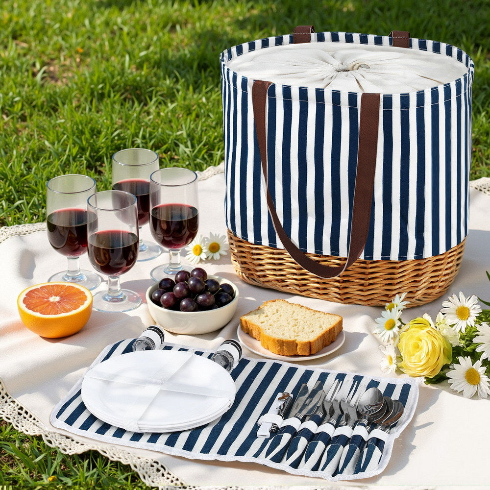 Alfresco 4 Person Picnic Basket Bag Set Wooden Blanket Cooler Outdoor Insulated PICNIC-4PPL-BAG-STRIPE