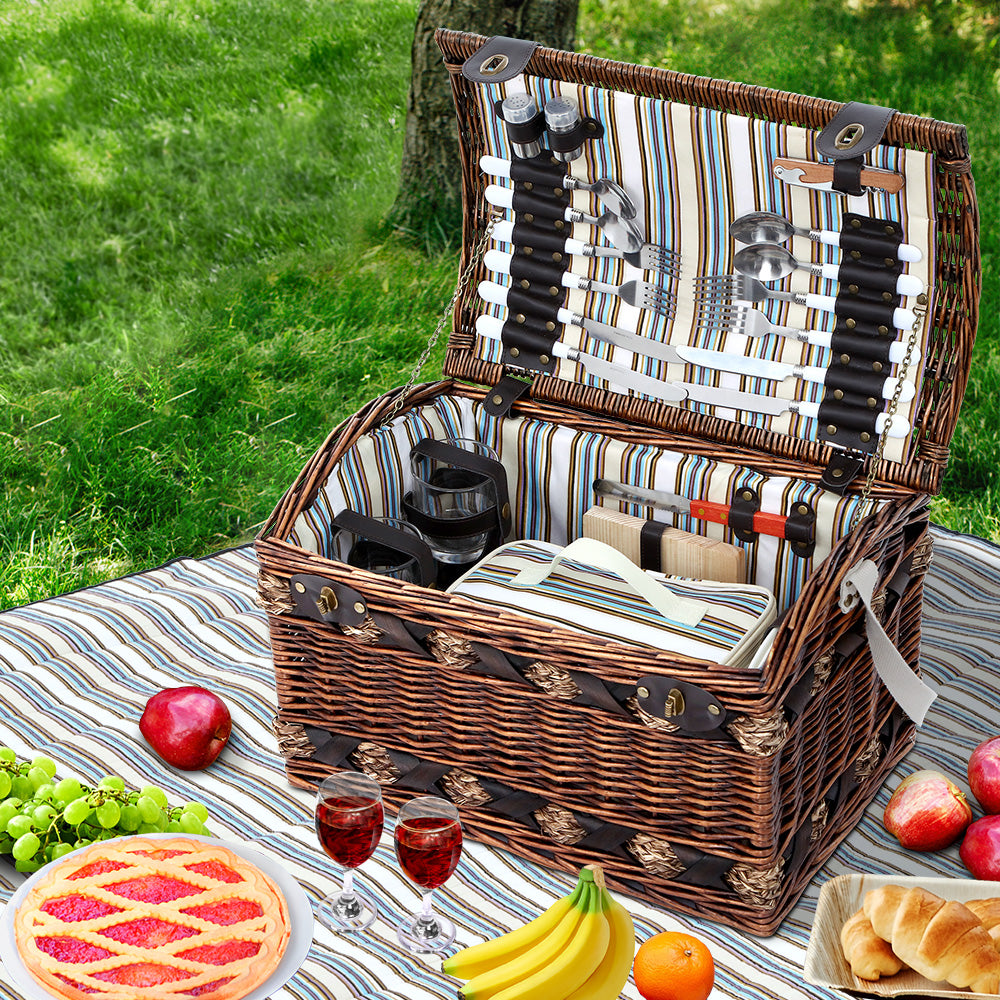 Alfresco 4 Person Picnic Basket Set Wooden Blanket Cooler Bag Outdoor Insulated PICNIC-4PPL-CHEESE-COPP