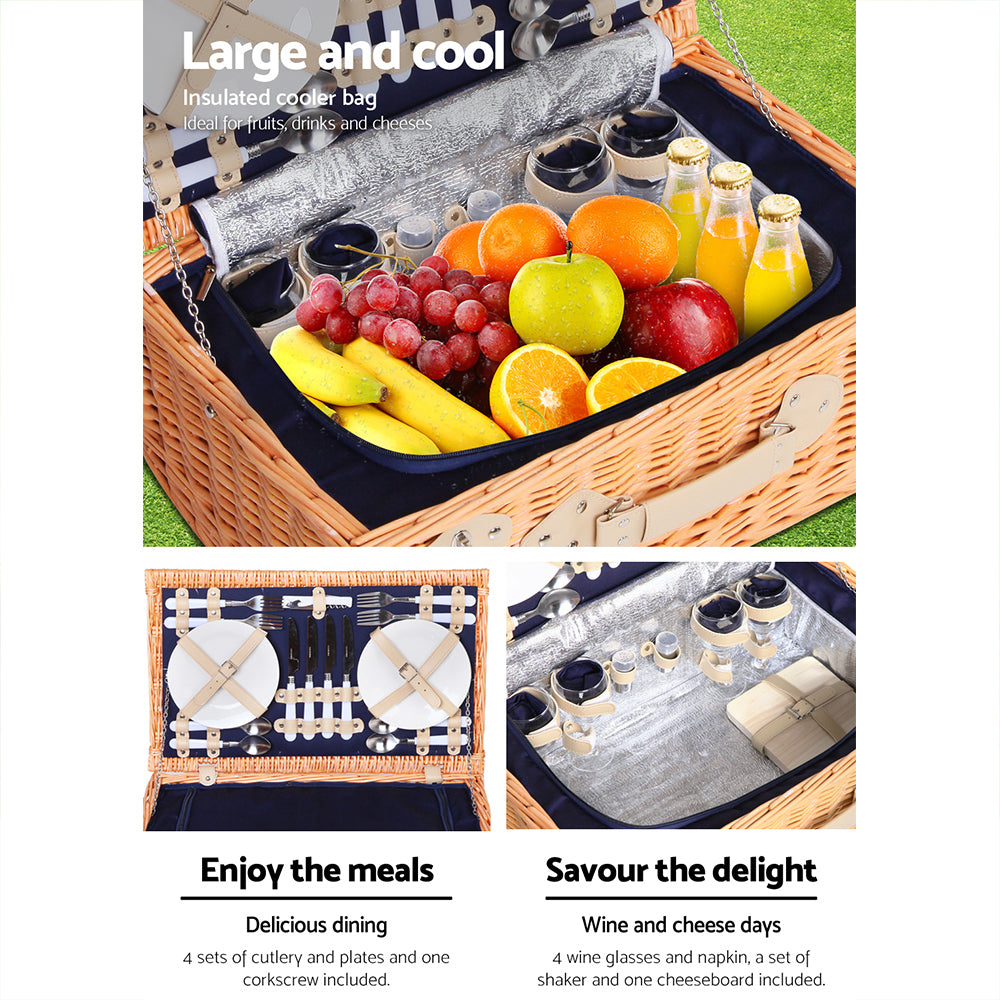 Alfresco 4 Person Picnic Basket Set Cooler Bag Insulated Blanket PICNIC-4PPL-COOLER-NAVY