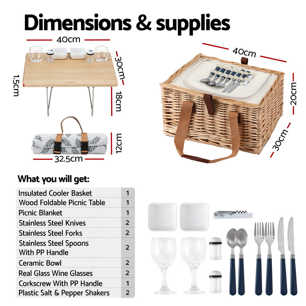 Alfresco 4 Person Picnic Basket Set with Table Blanket Cooler Wooden Insulated PICNIC-4PPL-TABLE-BG