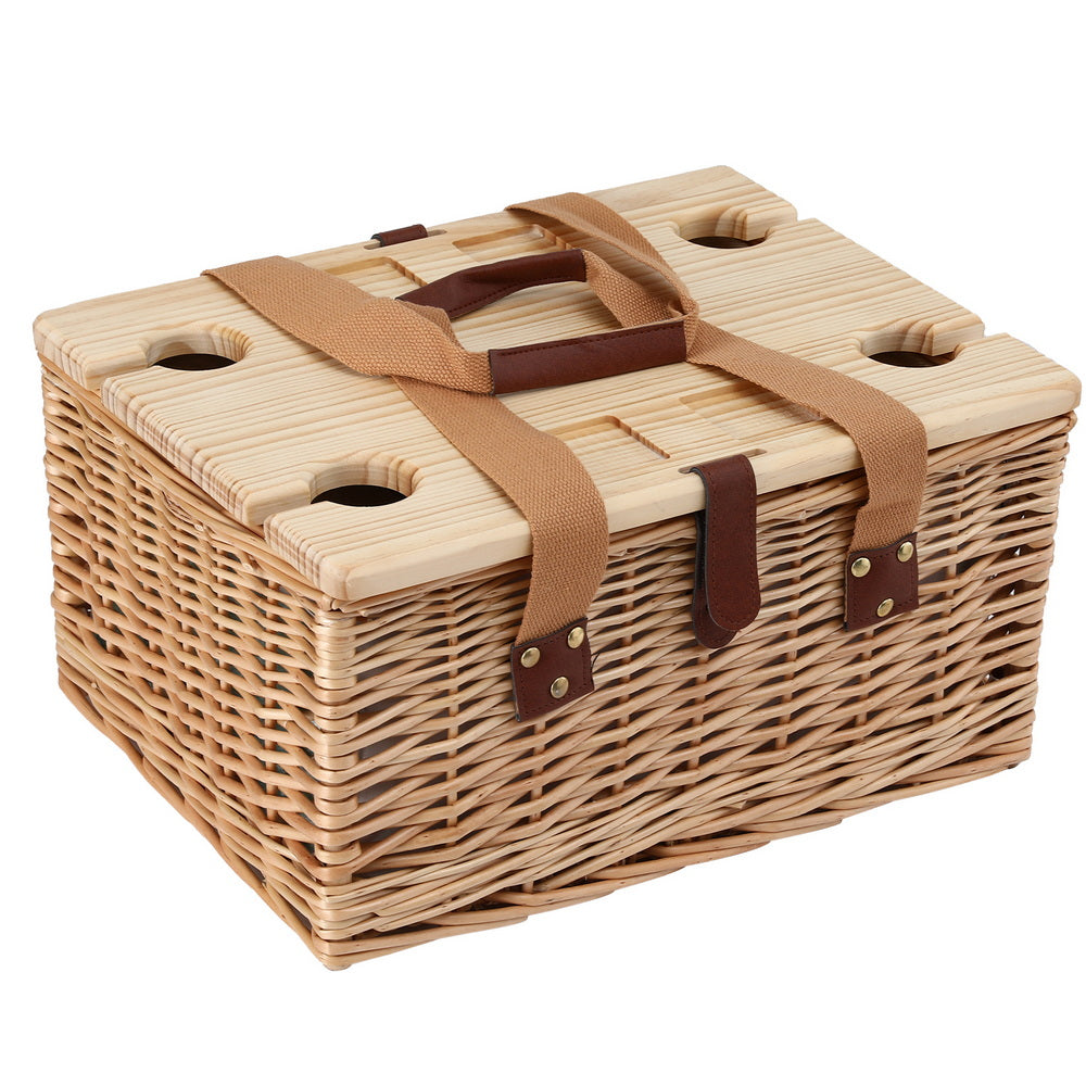 Alfresco 4 Person Picnic Basket Set with Table Blanket Cooler Wooden Insulated PICNIC-4PPL-TABLE-BG