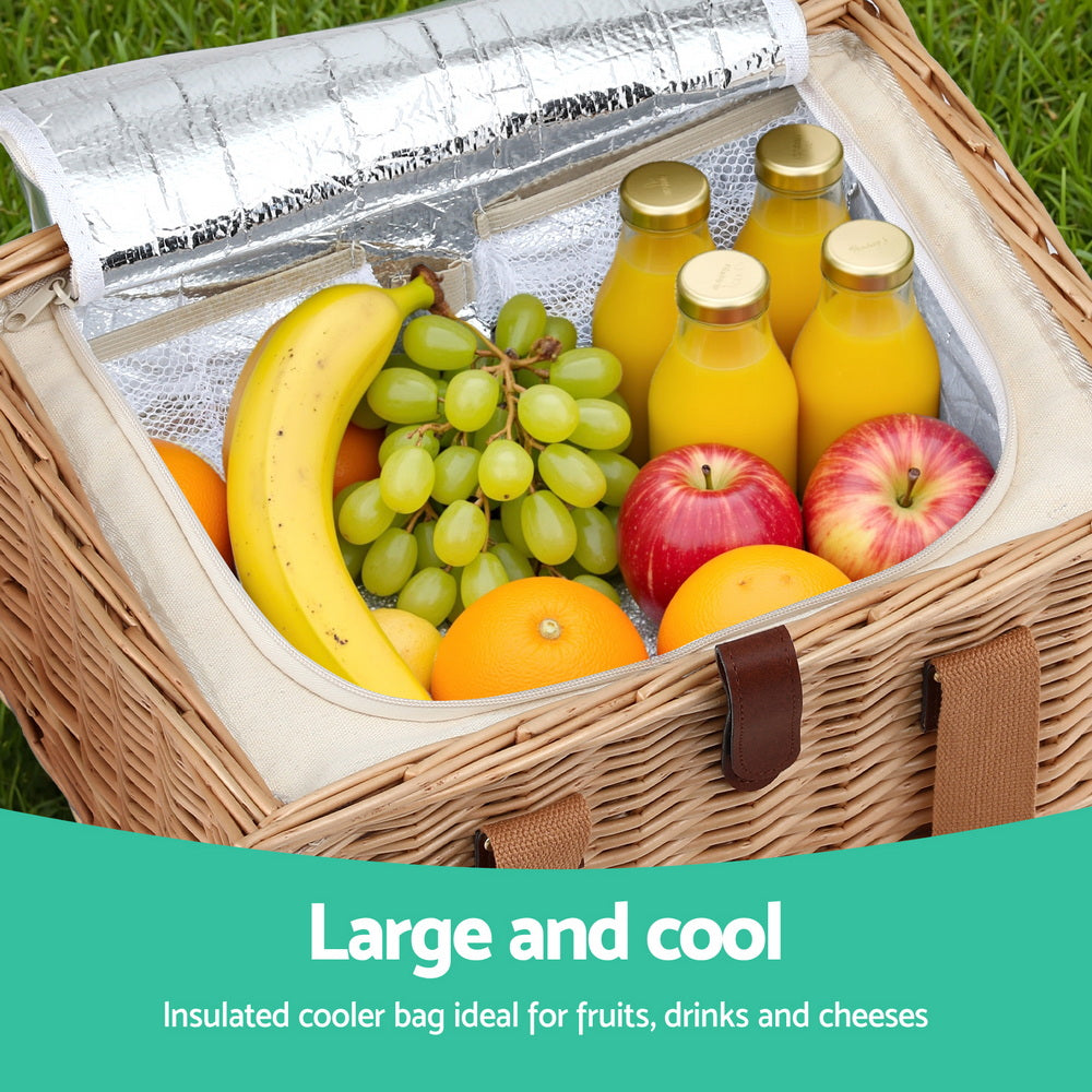 Alfresco 4 Person Picnic Basket Set with Table Blanket Cooler Wooden Insulated PICNIC-4PPL-TABLE-BG
