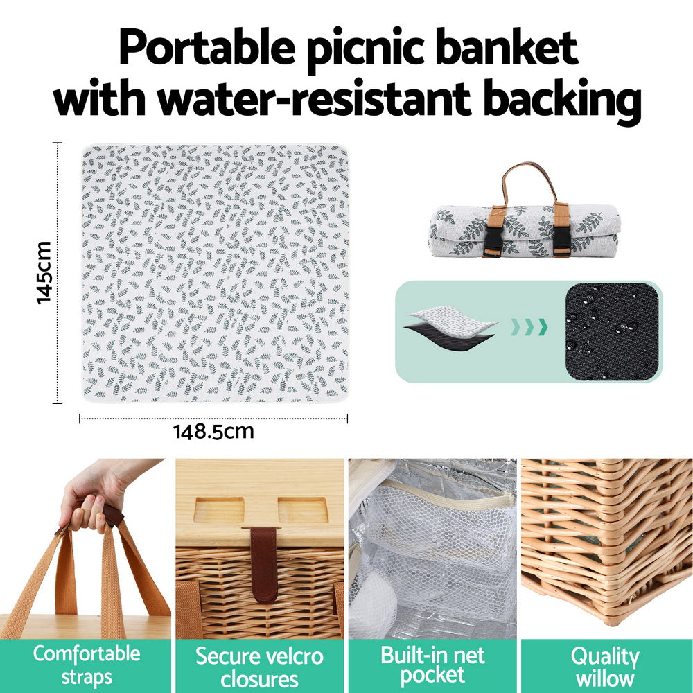 Alfresco 4 Person Picnic Basket Set with Table Blanket Cooler Wooden Insulated PICNIC-4PPL-TABLE-BG