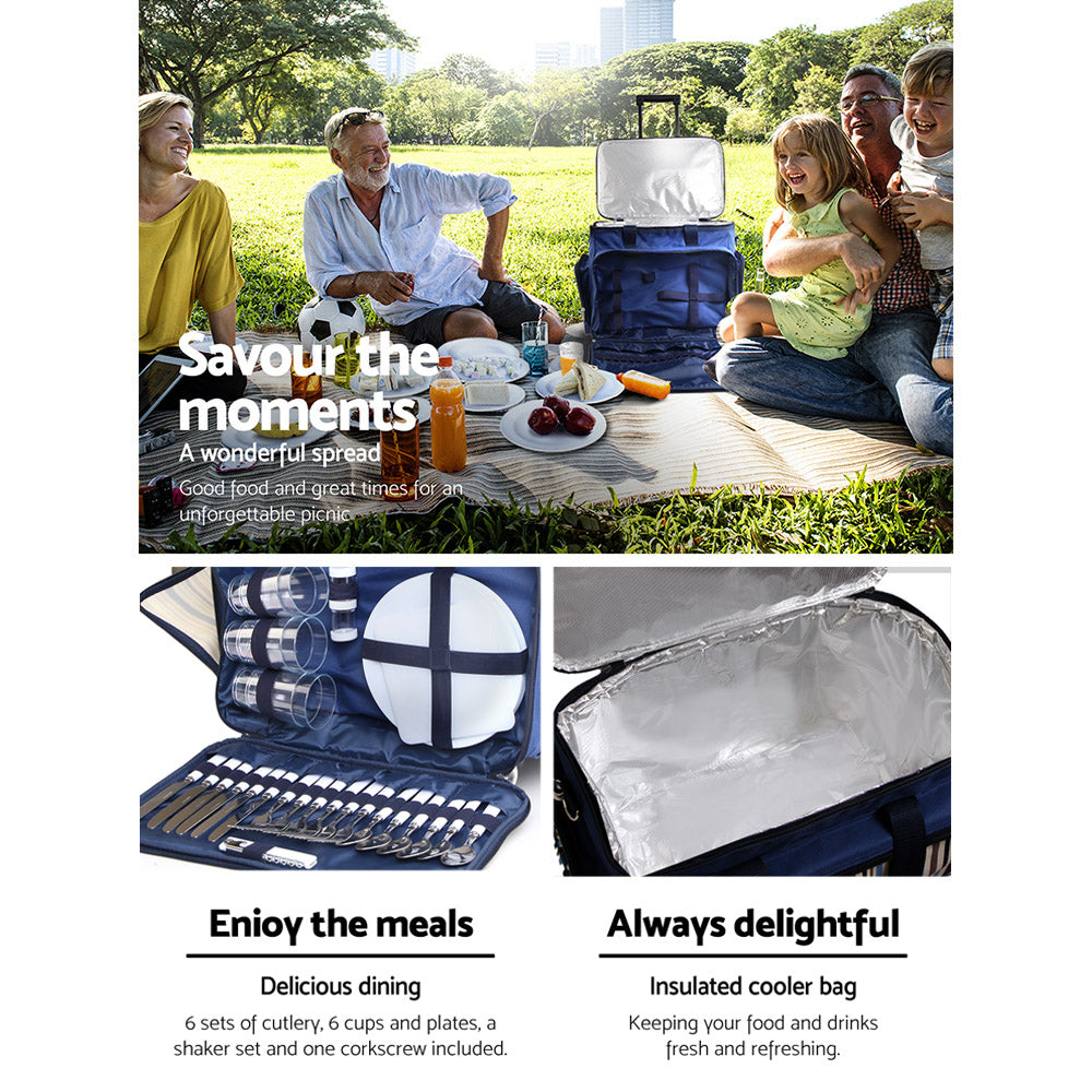 Alfresco 6 Person Picnic Basket Set Bag Wheels Insulated Trolley PICNIC-6PPL-COOLER-TRO