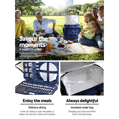 Alfresco 6 Person Picnic Basket Set Bag Wheels Insulated Trolley PICNIC-6PPL-COOLER-TRO