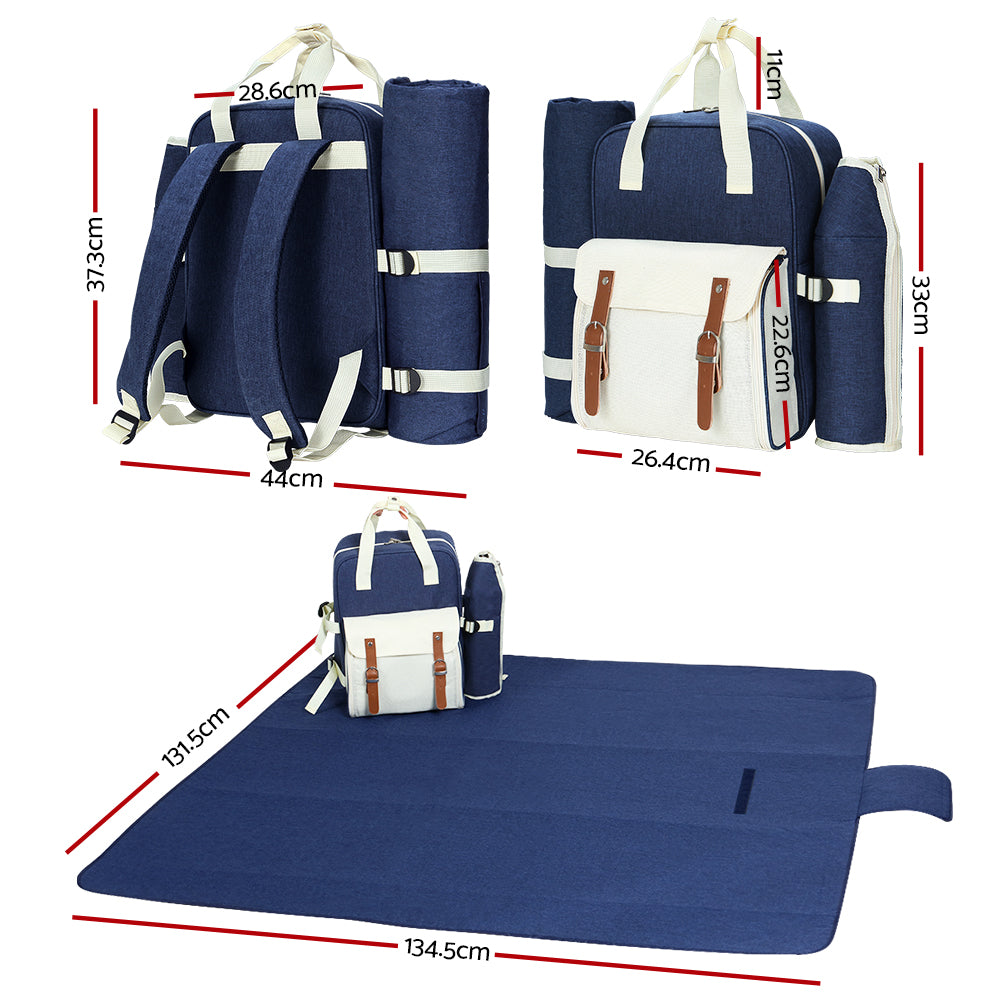 Alfresco 4 Person Picnic Basket Set Backpack Bag Insulated Blue PICNIC-BAG-4PPL-BUWH