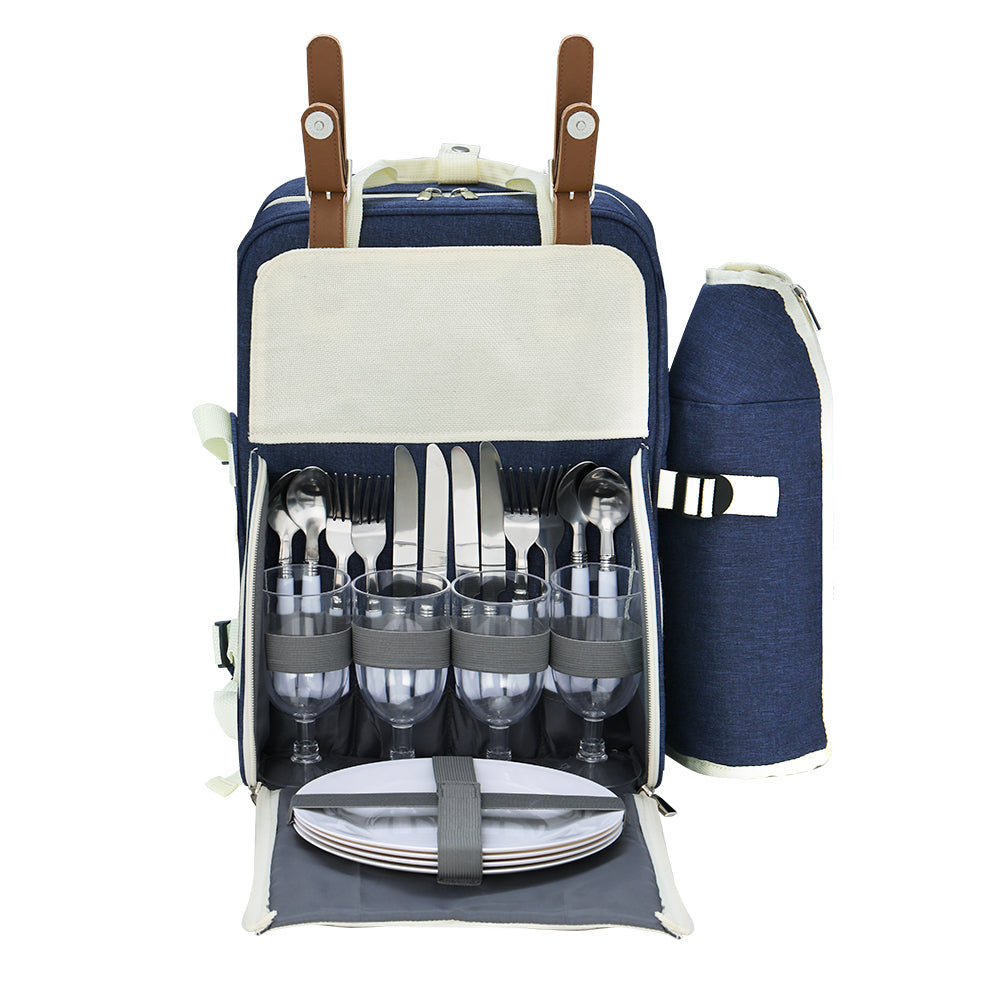 Alfresco 4 Person Picnic Basket Set Backpack Bag Insulated Blue PICNIC-BAG-4PPL-BUWH