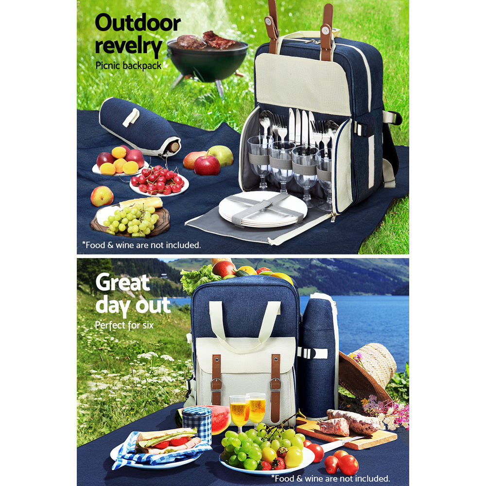 Alfresco 4 Person Picnic Basket Set Backpack Bag Insulated Blue PICNIC-BAG-4PPL-BUWH