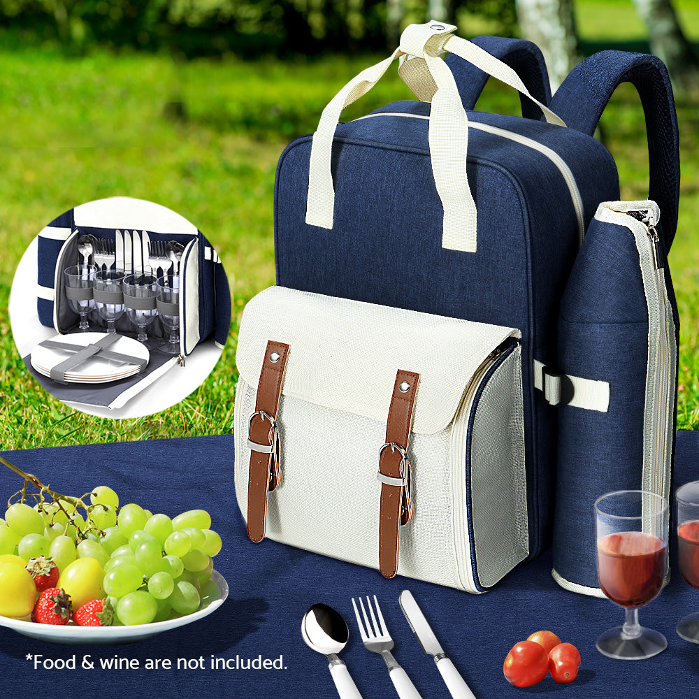 Alfresco 4 Person Picnic Basket Set Backpack Bag Insulated Blue PICNIC-BAG-4PPL-BUWH
