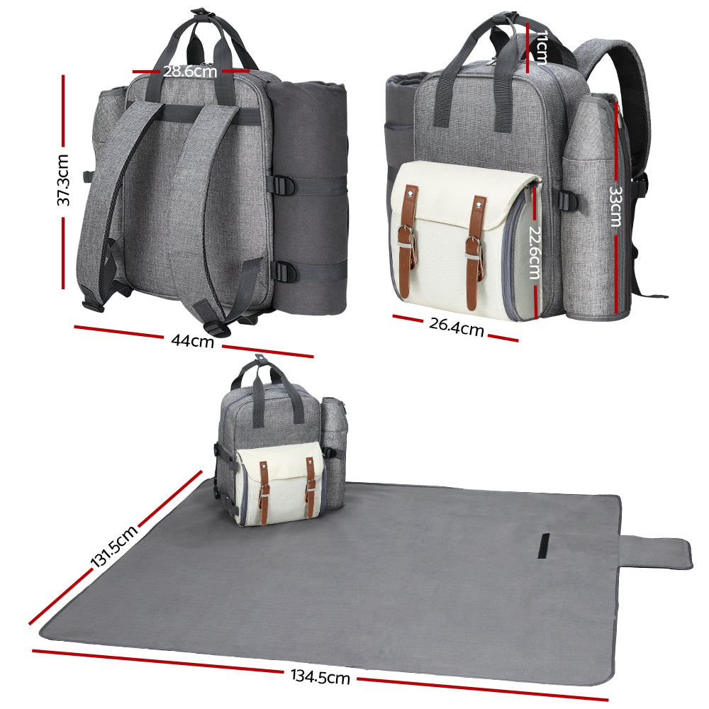 Alfresco 4 Person Picnic Basket Set Backpack Bag Insulated Grey PICNIC-BAG-4PPL-GRWH