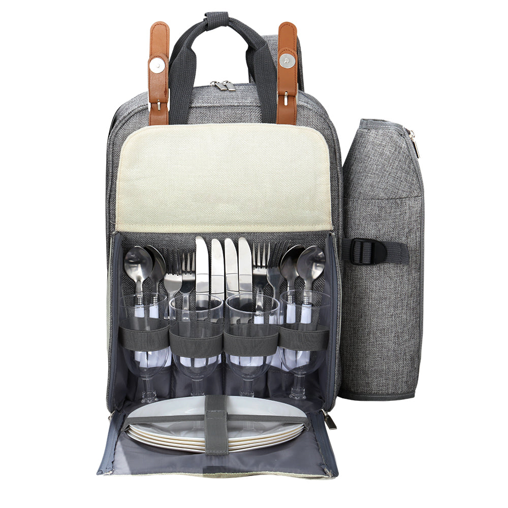 Alfresco 4 Person Picnic Basket Set Backpack Bag Insulated Grey PICNIC-BAG-4PPL-GRWH