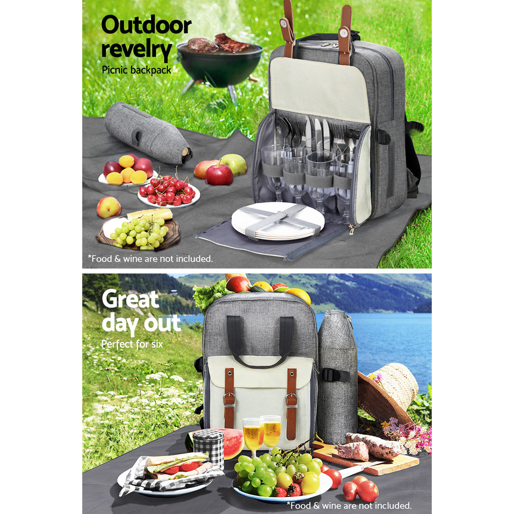 Alfresco 4 Person Picnic Basket Set Backpack Bag Insulated Grey PICNIC-BAG-4PPL-GRWH