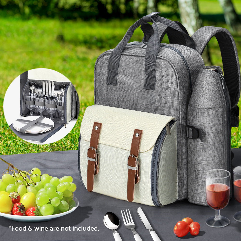 Alfresco 4 Person Picnic Basket Set Backpack Bag Insulated Grey PICNIC-BAG-4PPL-GRWH