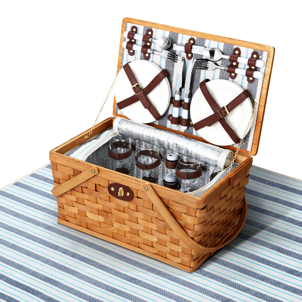 Alfresco 4 Person Picnic Basket Set Wooden Blanket Cooler Bag Outdoor Insulated PICNIC-WOOD-4PPL-COOLER