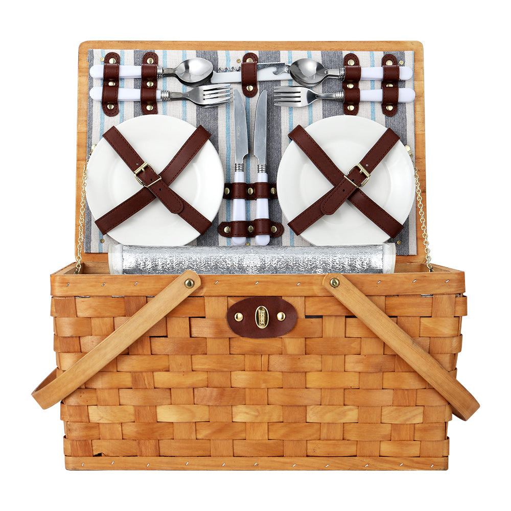 Alfresco 4 Person Picnic Basket Set Wooden Blanket Cooler Bag Outdoor Insulated PICNIC-WOOD-4PPL-COOLER