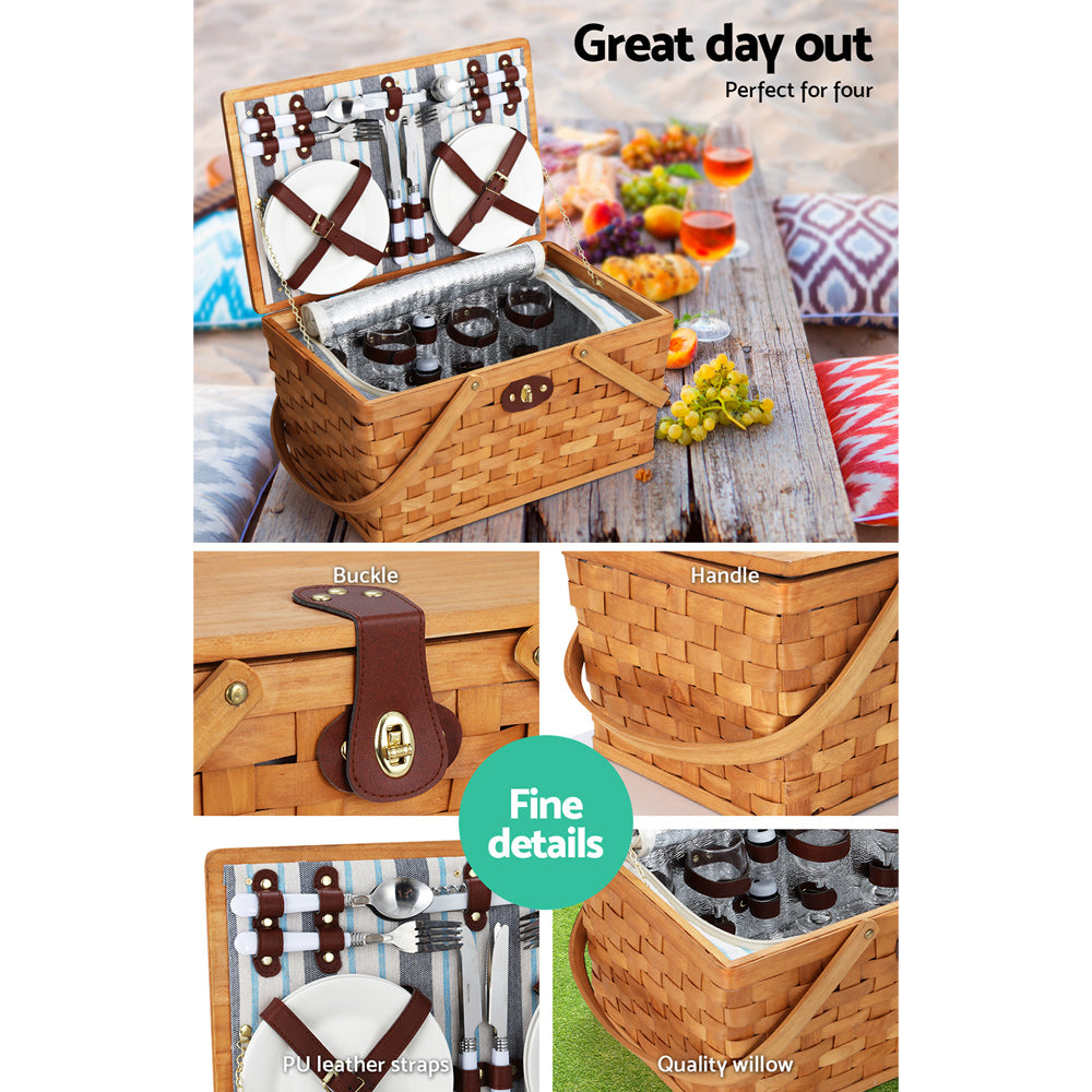 Alfresco 4 Person Picnic Basket Set Wooden Blanket Cooler Bag Outdoor Insulated PICNIC-WOOD-4PPL-COOLER