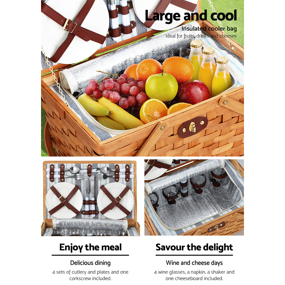 Alfresco 4 Person Picnic Basket Set Wooden Blanket Cooler Bag Outdoor Insulated PICNIC-WOOD-4PPL-COOLER