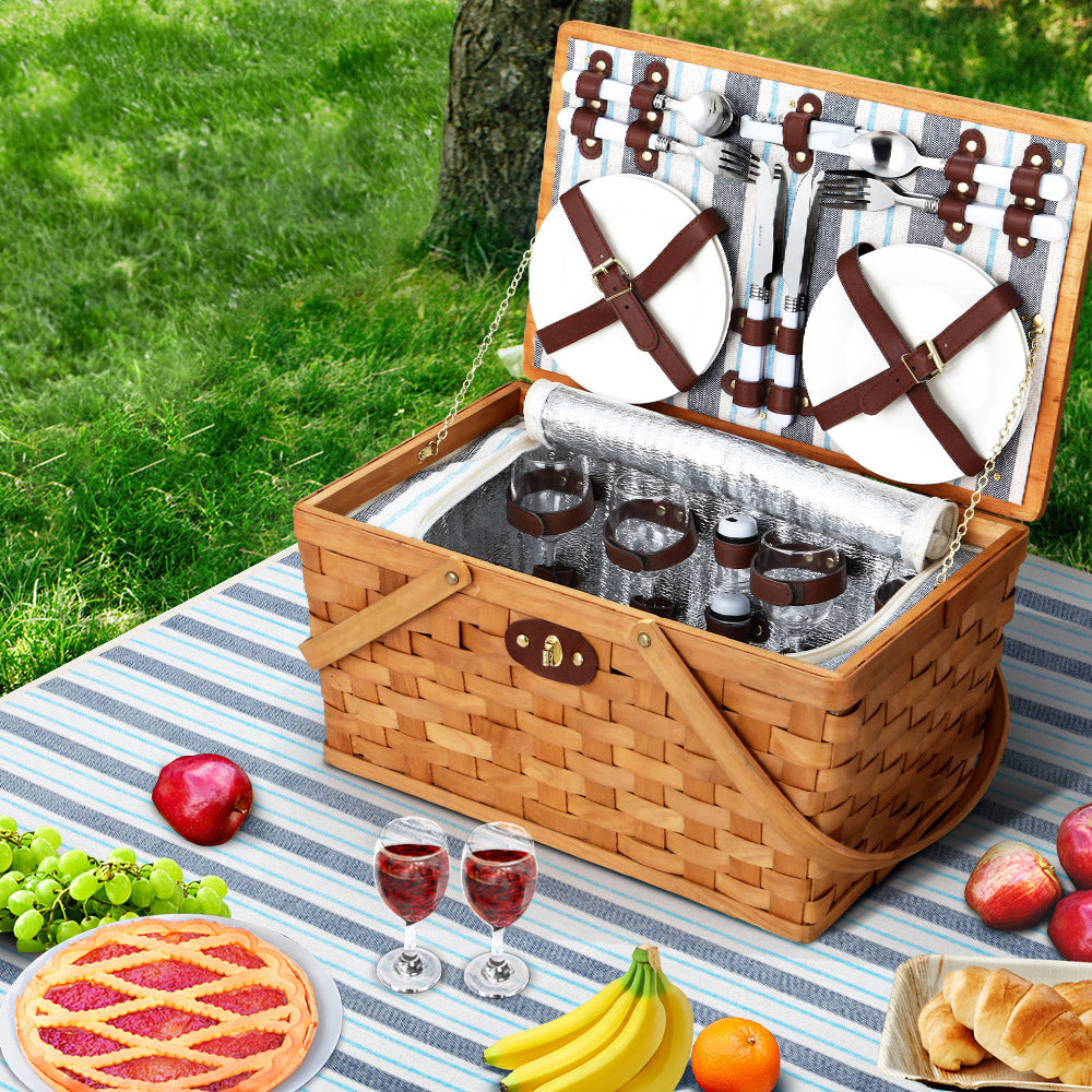 Alfresco 4 Person Picnic Basket Set Wooden Blanket Cooler Bag Outdoor Insulated PICNIC-WOOD-4PPL-COOLER