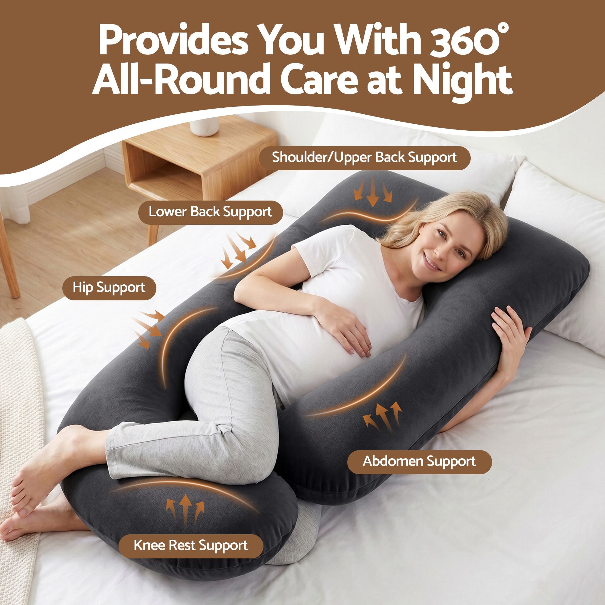 Giselle Bedding Pregnancy Pillow G-Shaped Full Body Pillow for Back and Belly Support Maternity Pillow with Removable Cover, Dark Grey 135x70 cm