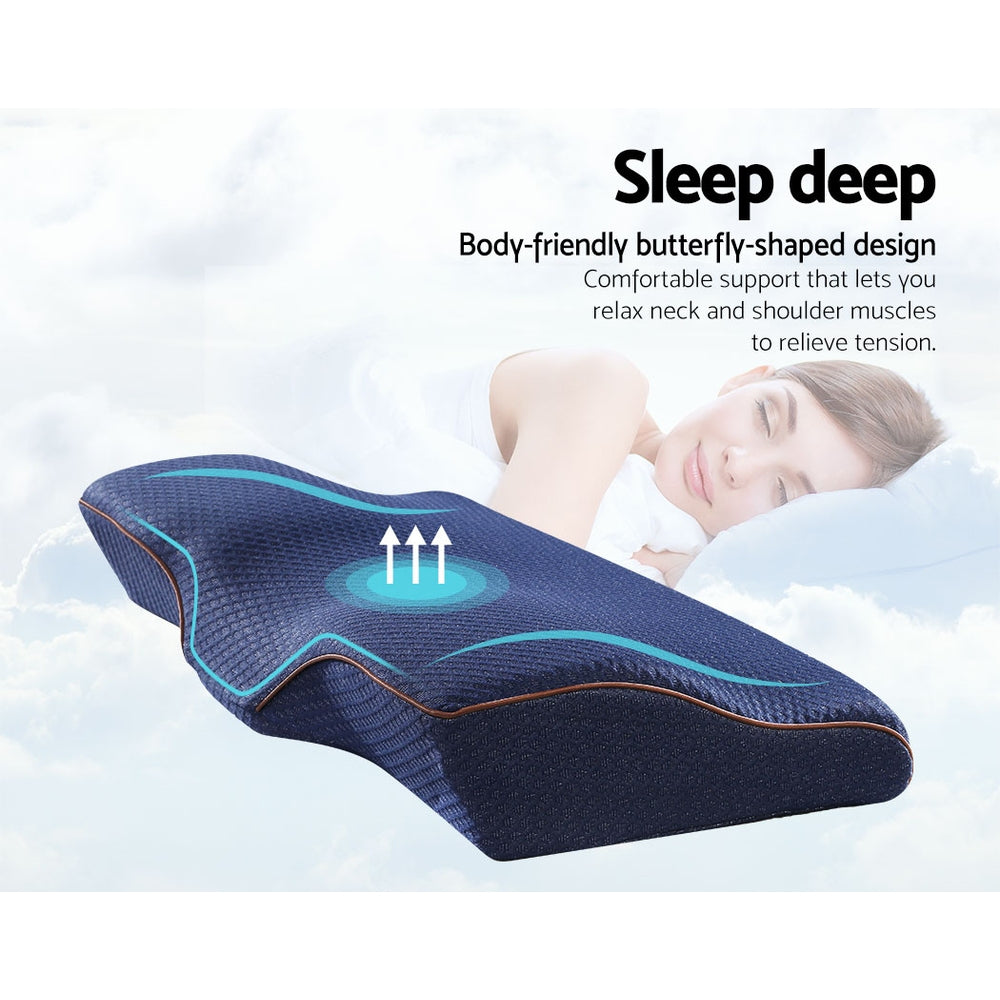 Giselle Memory Foam Pillow Neck Cervical Butterfly Ergonomic Support Navy PILLOW-MEFO-BTFL-NY