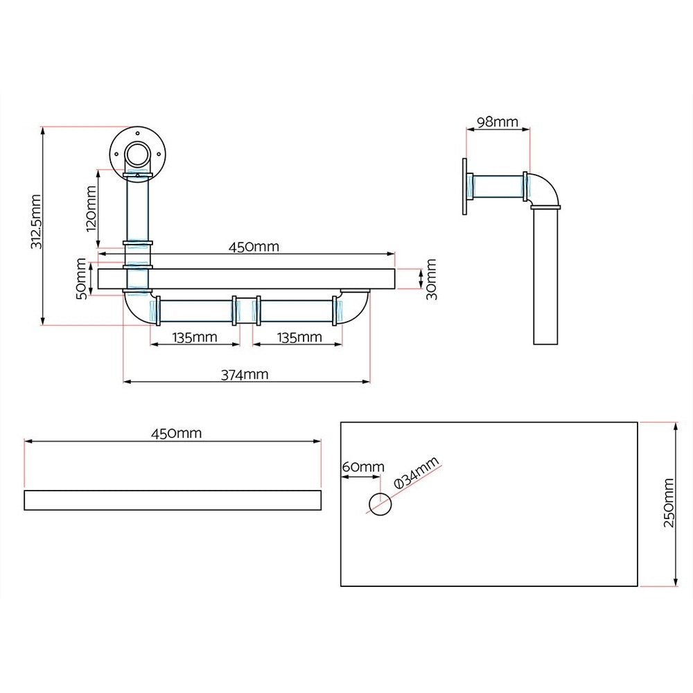 Artiss Floating DIY Pipe Shelf Set of 2 - IVOR PIPE-45-1LVL-HALFX2