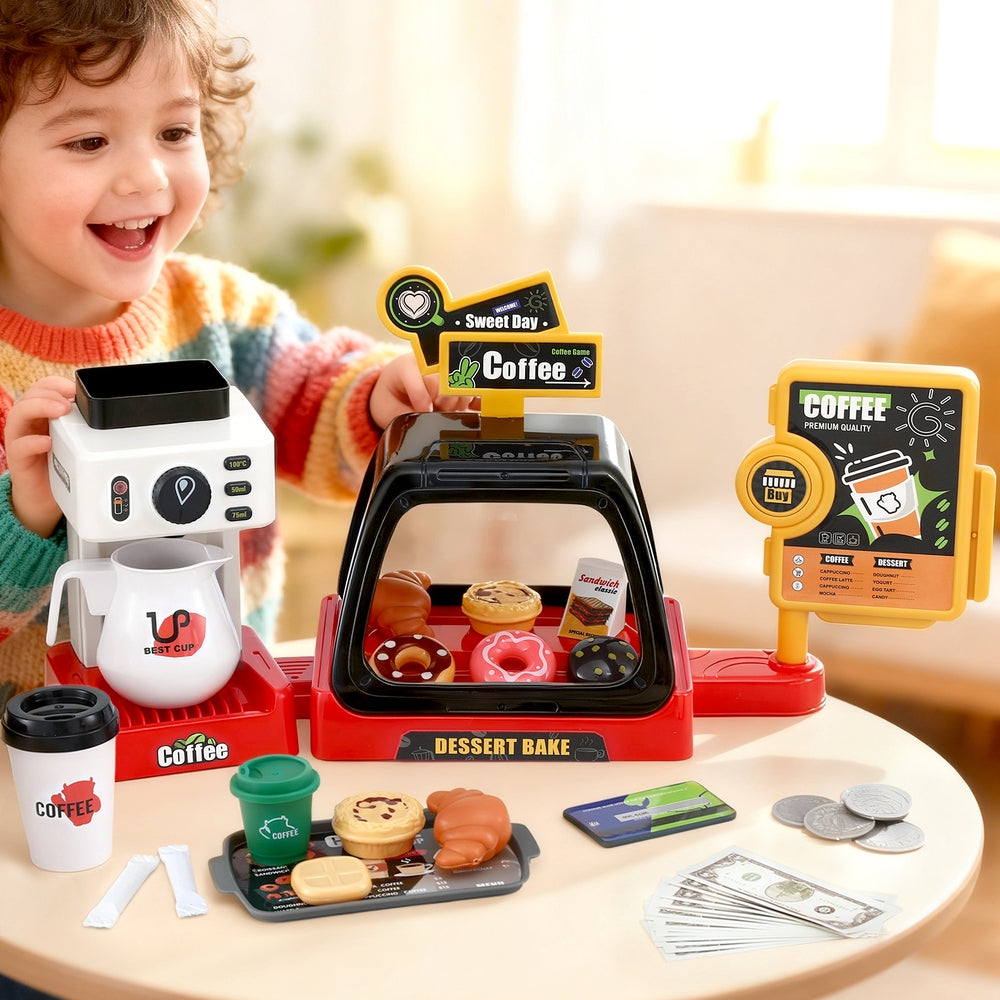 Keezi Kids Pretend Role Play Toy Coffee Shop with Coffee Maker Machine Play Money Food Tea Party Set PLAY-B-COFFEE-41PCS