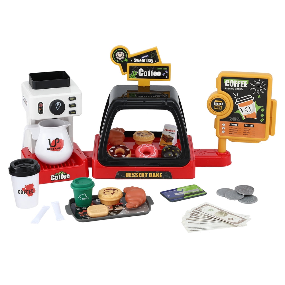Keezi Kids Pretend Role Play Toy Coffee Shop with Coffee Maker Machine Play Money Food Tea Party Set PLAY-B-COFFEE-41PCS