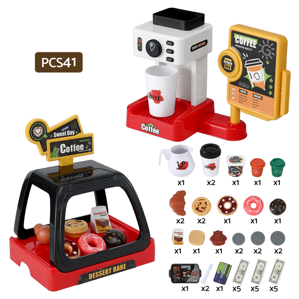 Keezi Kids Pretend Role Play Toy Coffee Shop with Coffee Maker Machine Play Money Food Tea Party Set PLAY-B-COFFEE-41PCS