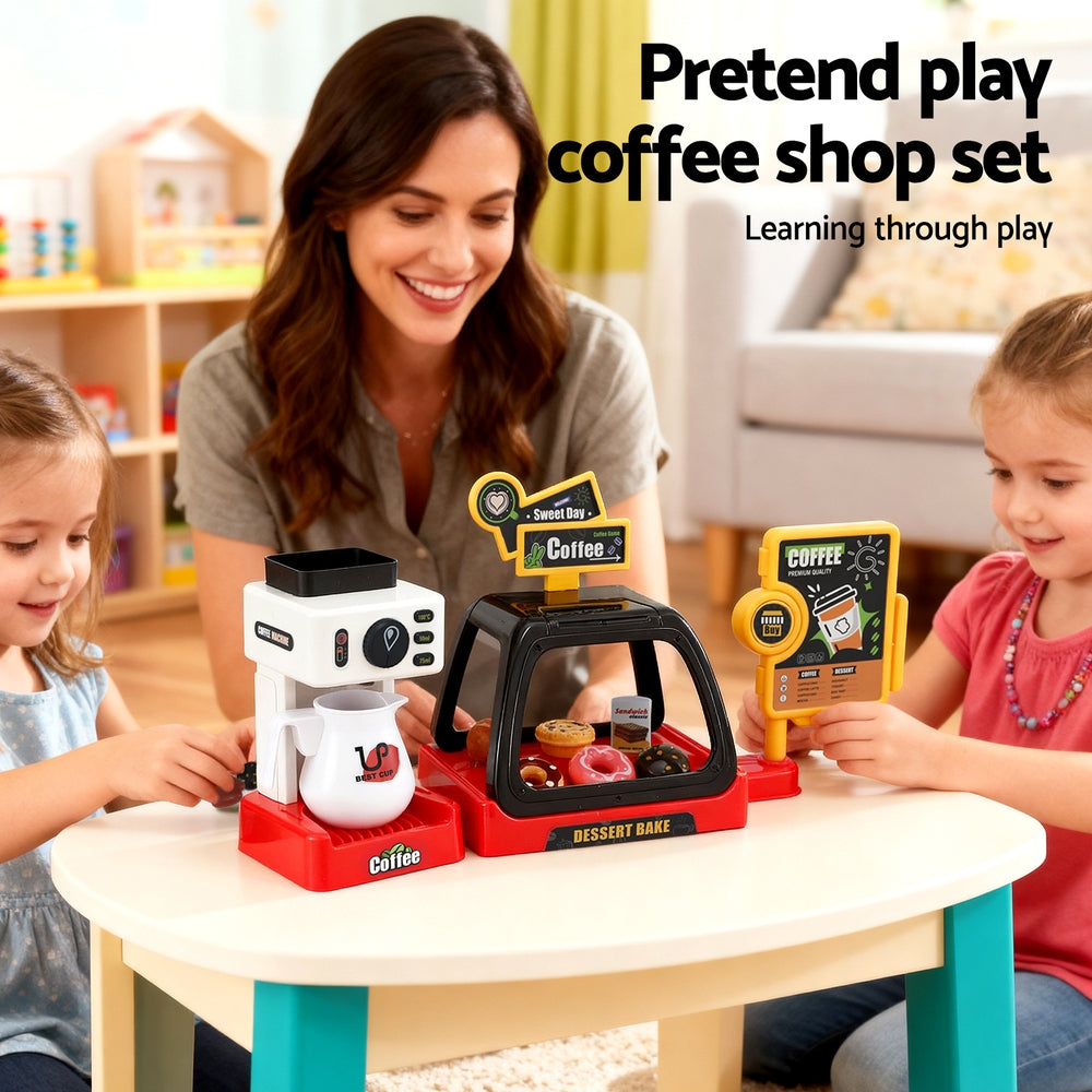 Keezi Kids Pretend Role Play Toy Coffee Shop with Coffee Maker Machine Play Money Food Tea Party Set PLAY-B-COFFEE-41PCS