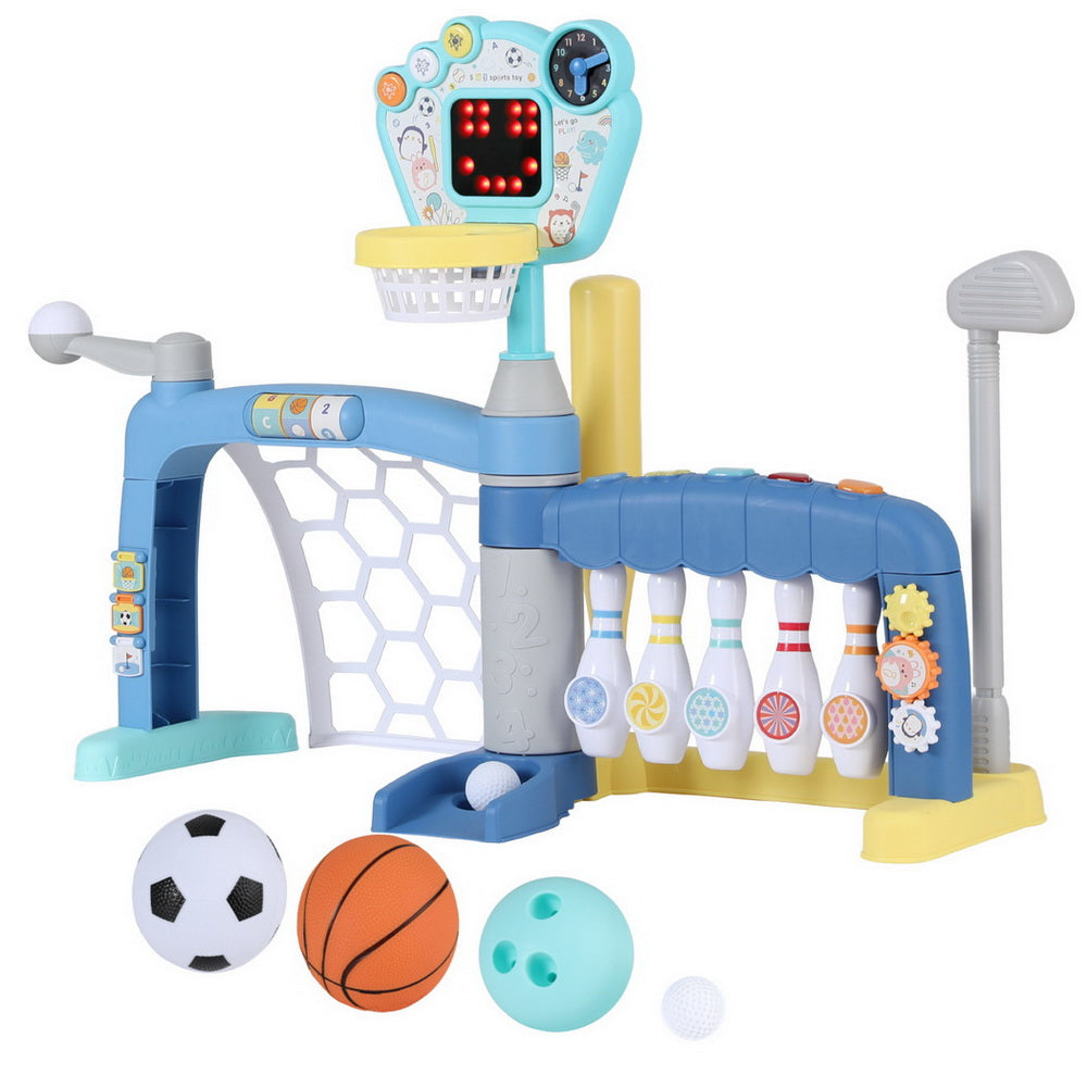 Keezi Kids Basketball Hoop Stand Bowling Baseball Golf Game Sports Toys Set Blue PLAY-BAS-HOOP-5IN1-MC