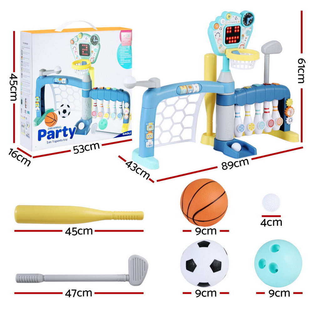Keezi Kids Basketball Hoop Stand Bowling Baseball Golf Game Sports Toys Set Blue PLAY-BAS-HOOP-5IN1-MC