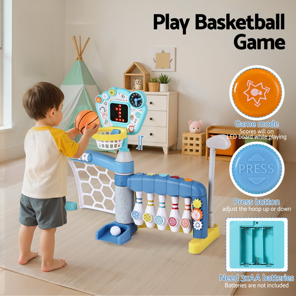 Keezi Kids Basketball Hoop Stand Bowling Baseball Golf Game Sports Toys Set Blue PLAY-BAS-HOOP-5IN1-MC