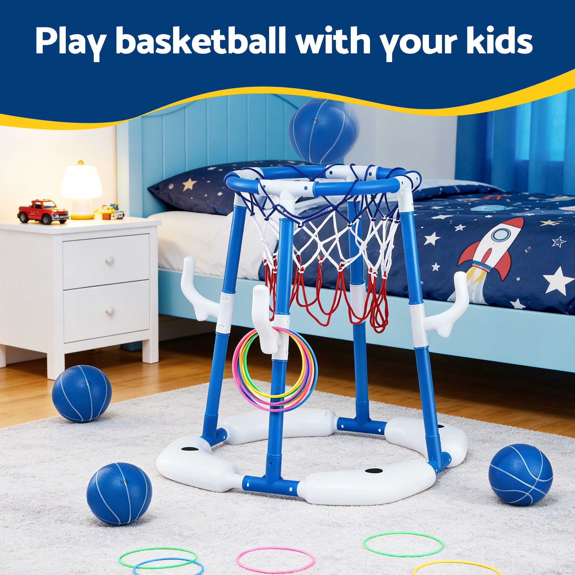 Keezi Kids Basketball Hoop with 4 balls Ring Toss Sports Pool Toys Blue PLAY-BAS-HOOP-WTR-BU
