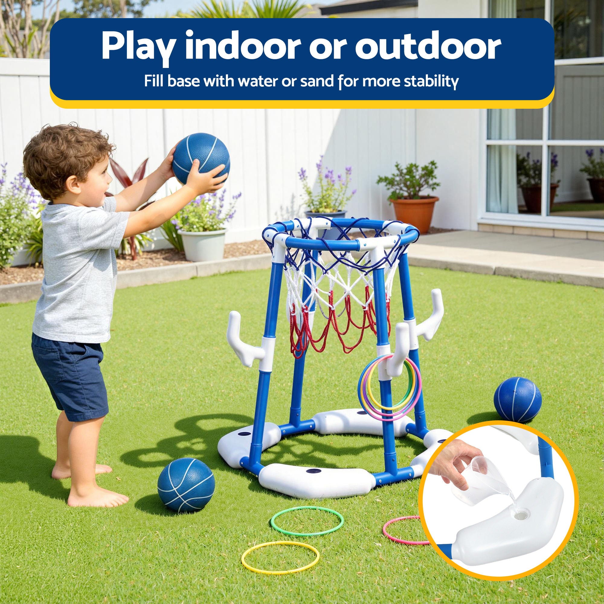 Keezi Kids Basketball Hoop with 4 balls Ring Toss Sports Pool Toys Blue PLAY-BAS-HOOP-WTR-BU