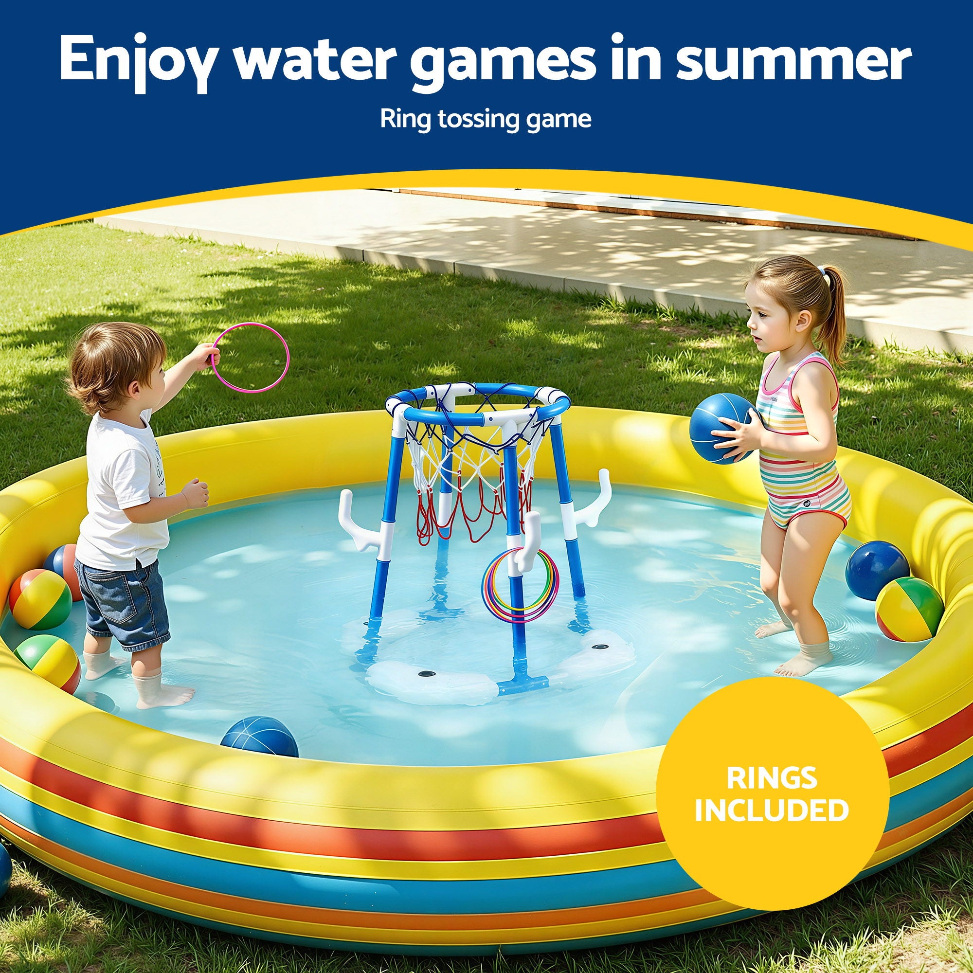 Keezi Kids Basketball Hoop with 4 balls Ring Toss Sports Pool Toys Blue PLAY-BAS-HOOP-WTR-BU